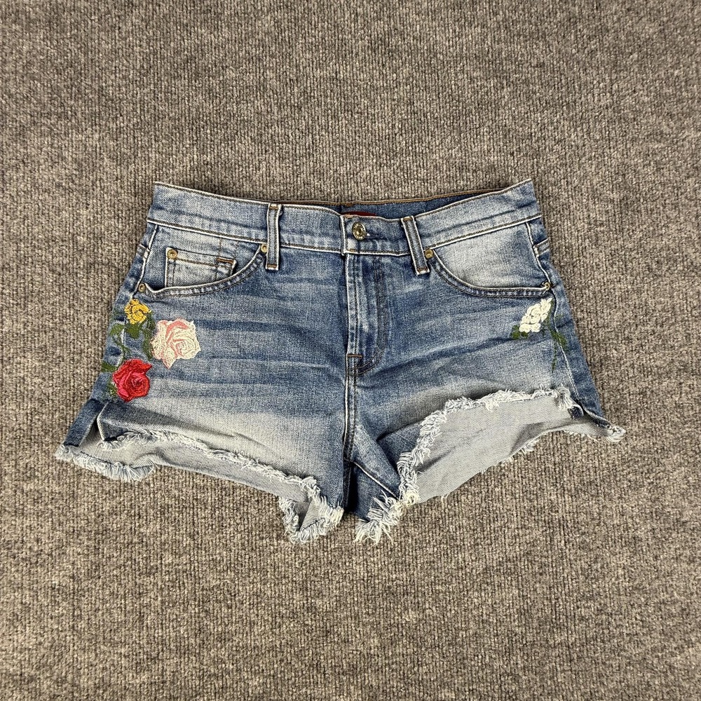 7 For All Mankind Shorts Womens 28 Blue Denim Embroidered Floral Cutoff Fringe